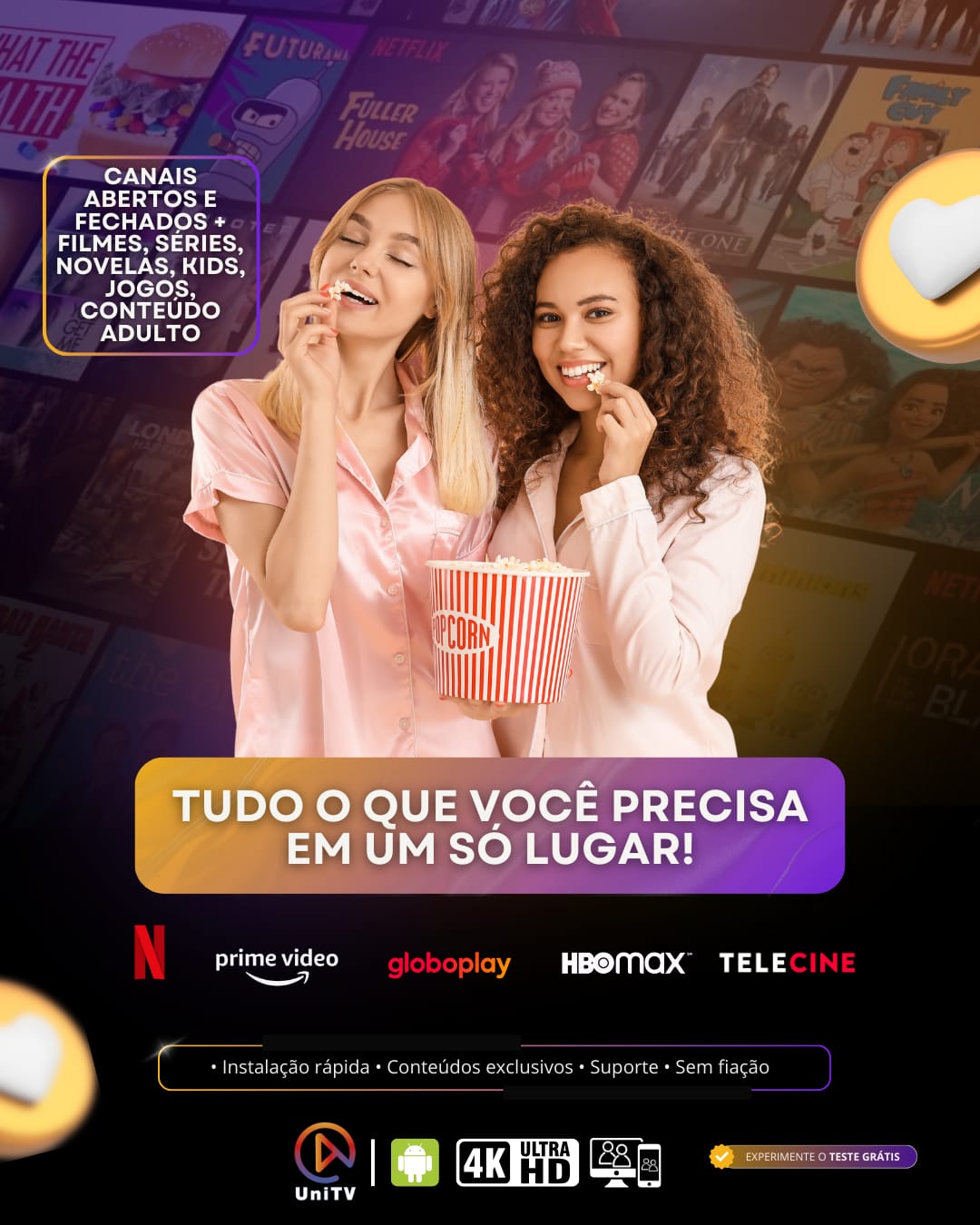 Coleção de canais, filmes e esportes disponíveis na UniTV